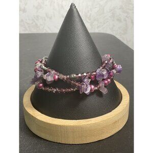 Multi-Strand Amethyst & Pink Bead Bracelet With Adjustable Chain